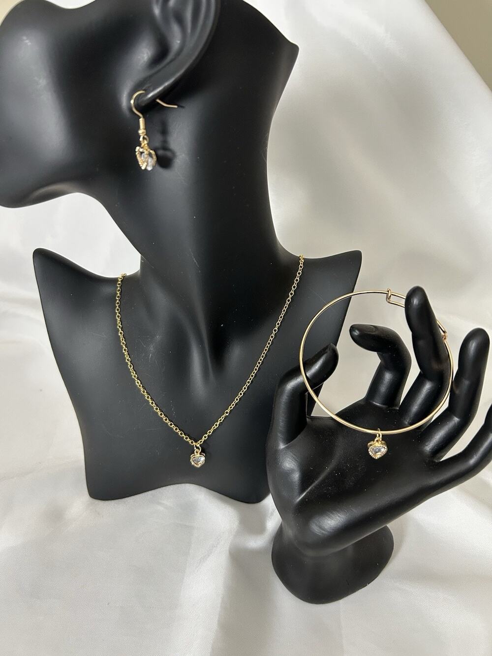 Lovely Gold Tone Heart Floating Rhinestone Necklace, Earrings & Bracelet Set